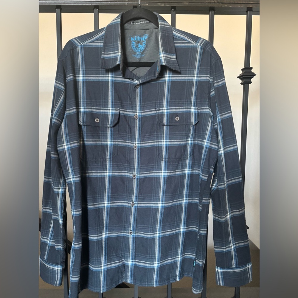 Kuhl Phantom Cotton Wool Blend Blue Plaid Long Sleeve Flannel Shirt Men Sz Large